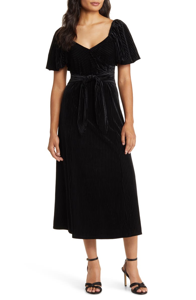 ZOE AND CLAIRE Puff Sleeve Stretch Velvet Midi Dress, Main, color, Black