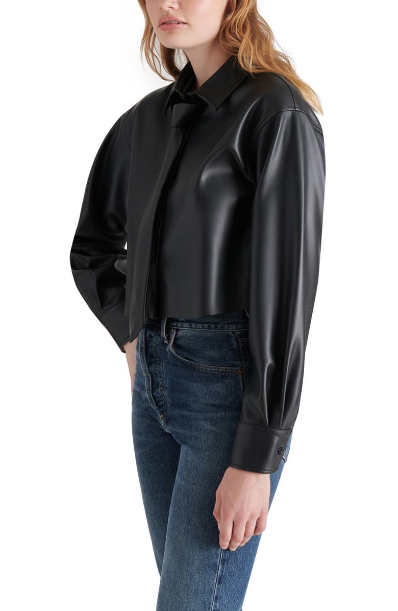 Steve Madden Dom Necktie Faux Leather Crop Snap-Up Shirt, Alternate, color, 