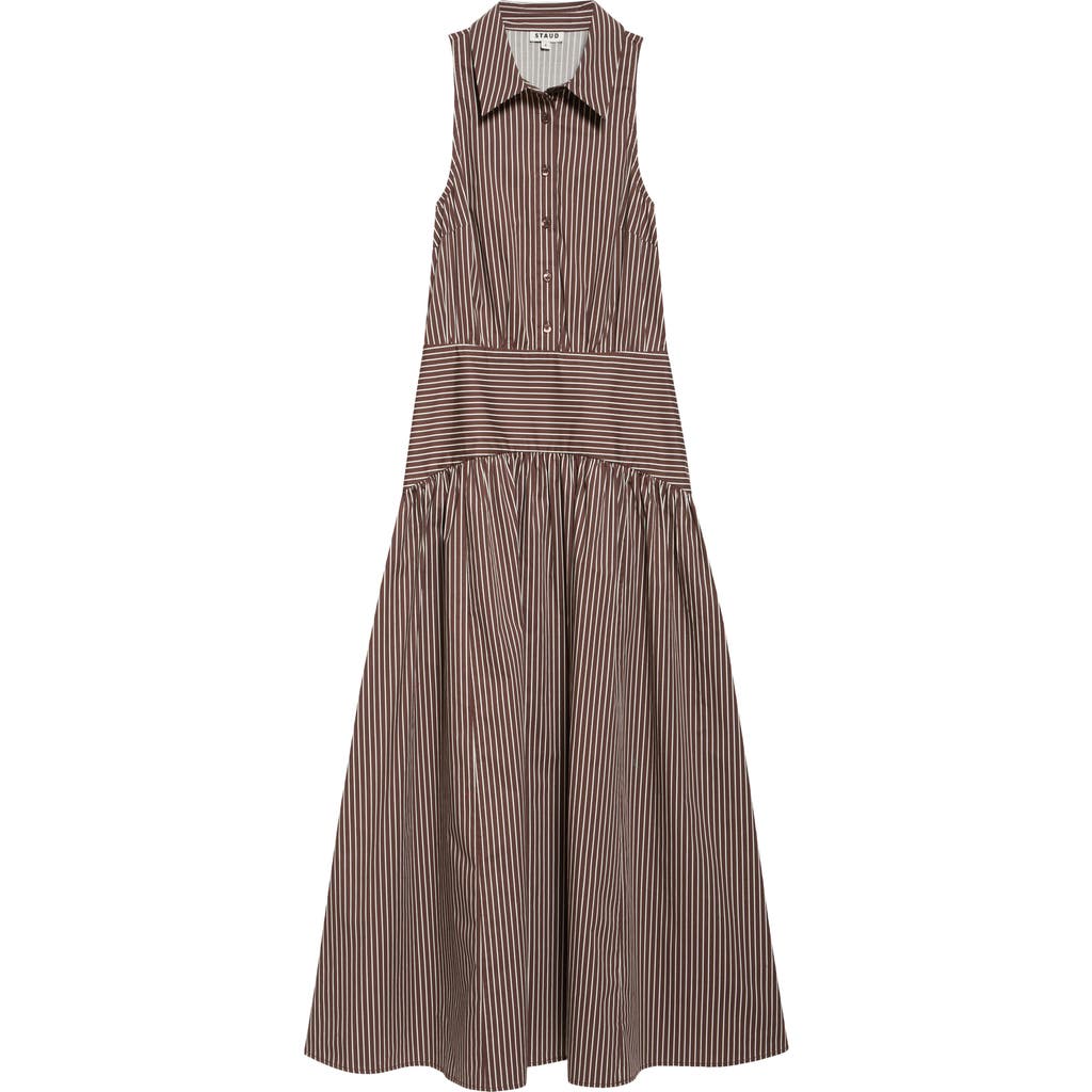 Staud Romy Stripe Sleeveless Maxi Shirtdress In Dark Oak Micro Stripe