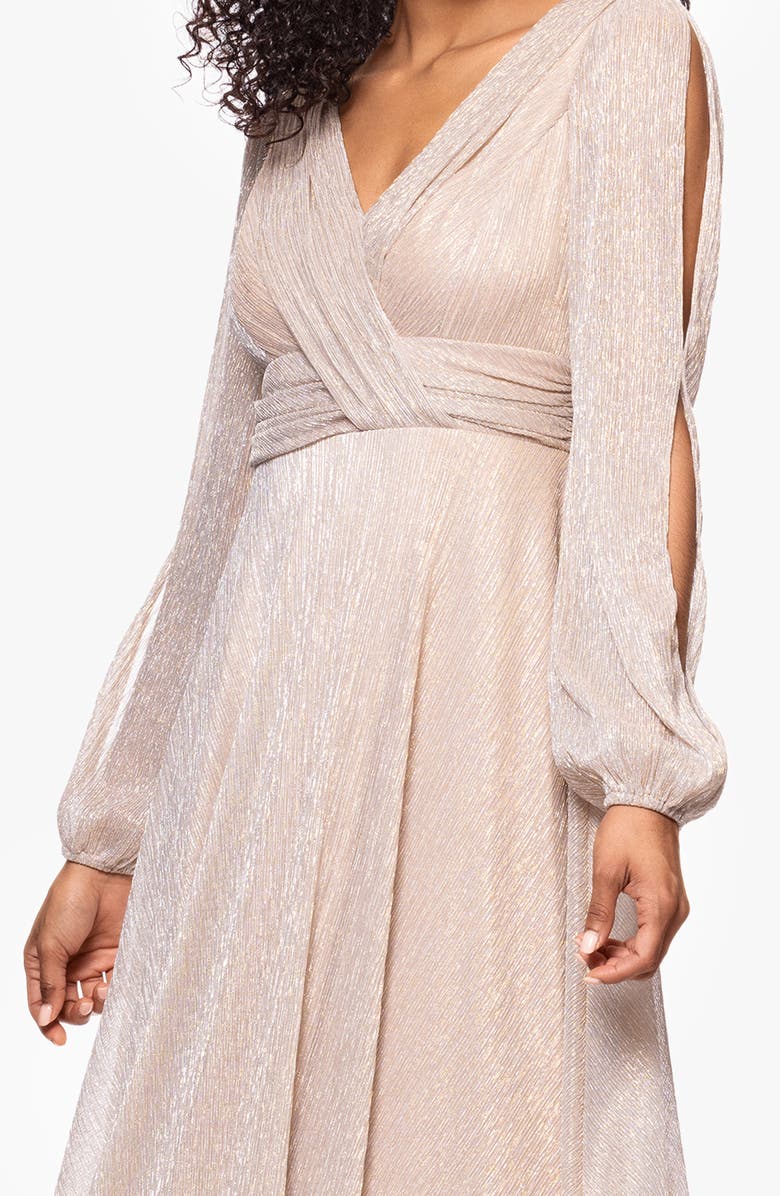 Betsy & Adam Metallic Crinkle Long Sleeve A-Line Gown, Alternate, color, Gold/ Silver