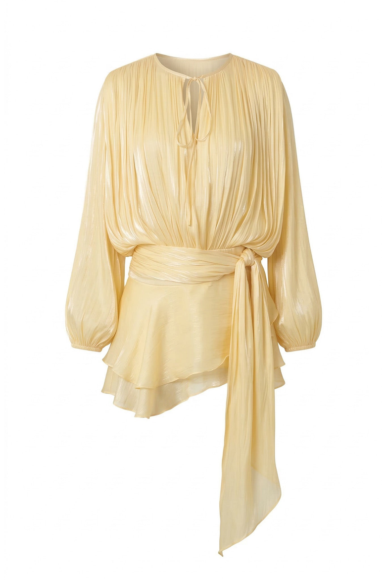 Pleated Long Sleeve Mini Dress with Tie Waist and Keyhole Neck, Alternate, color, Pale Yellow
