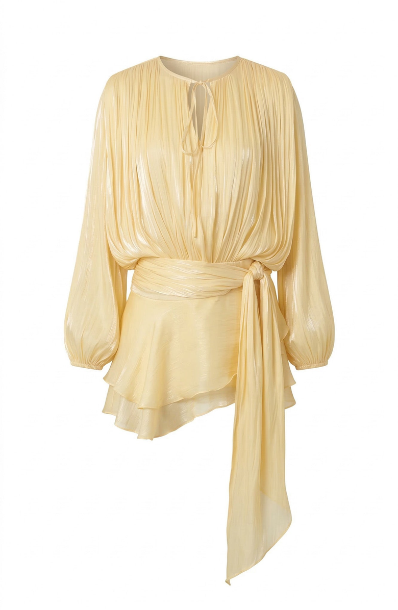 Modenaire Pleated Long Sleeve Mini Dress with Tie Waist and Keyhole Neck, Alternate, color, Pale Yellow