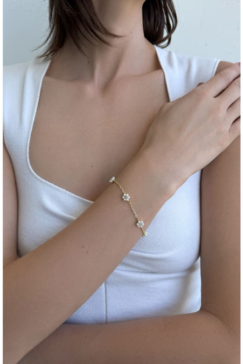 14K Gold Plated Faux Pearl & Crystal Flower Station Bracelet, Alternate, color, GOLD/ WHITE