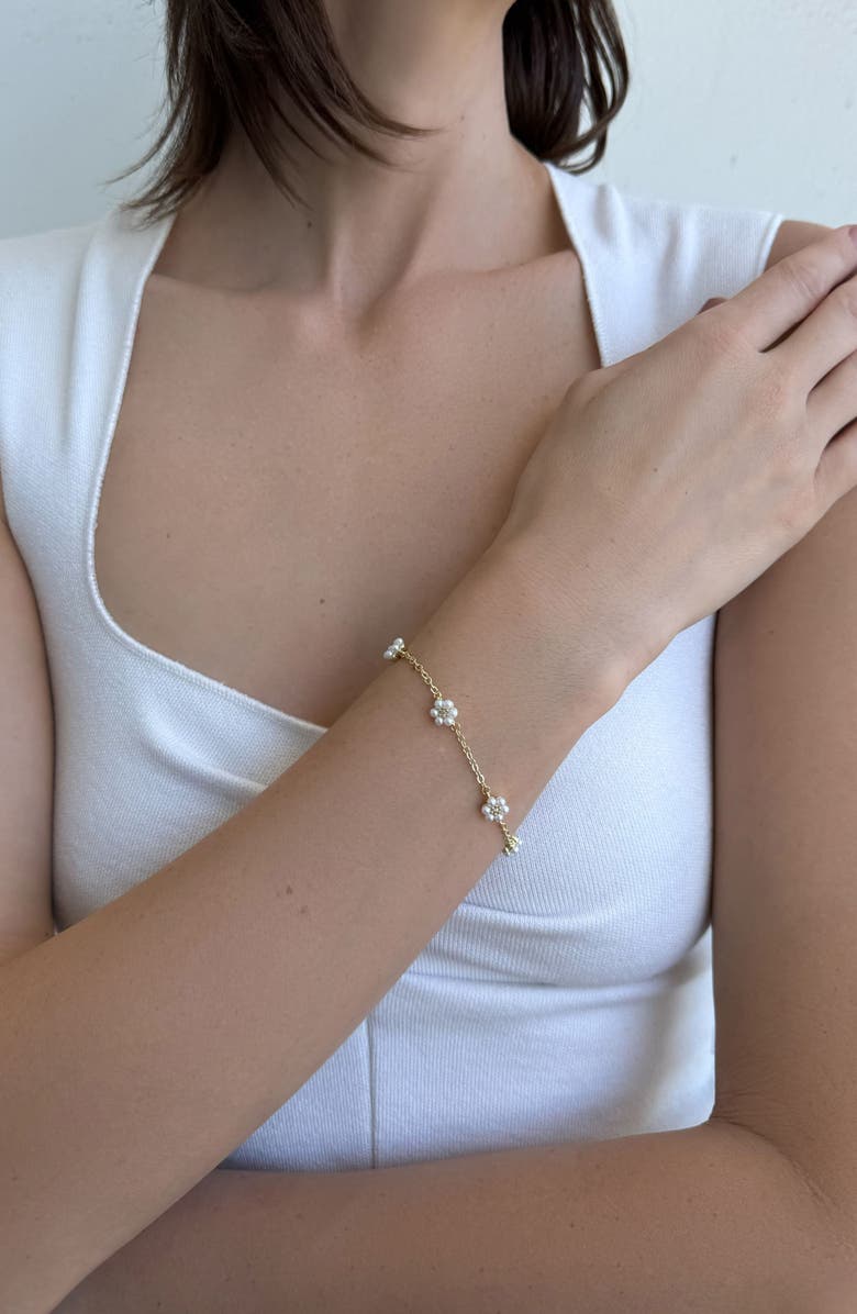 Adornia 14K Gold Plated Faux Pearl & Crystal Flower Station Bracelet, Alternate, color, Gold/ White