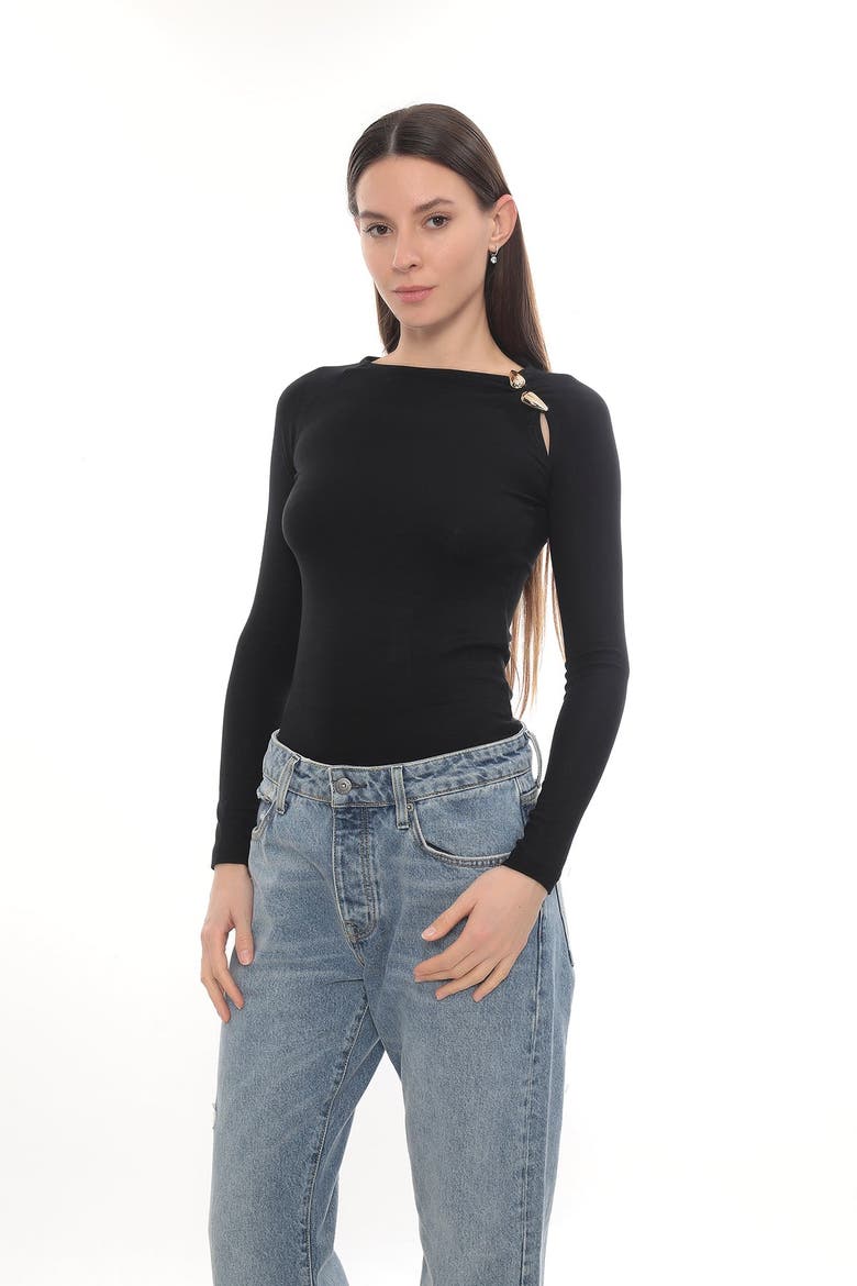 Gold Detail Long Sleeve Stretch Cielo Top, Alternate, color, Black