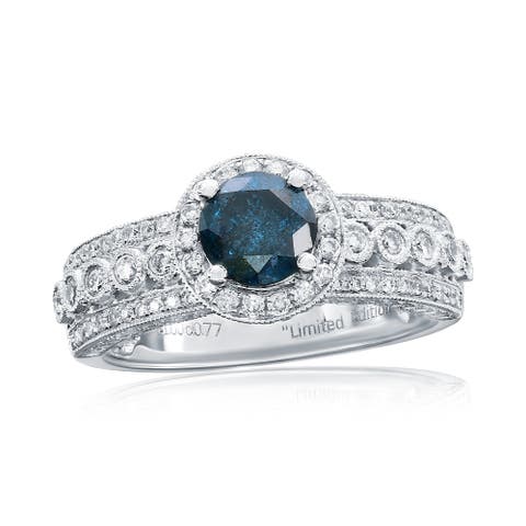 14K White Gold 1.00ct Blue Diamond & 0.77cttw Diamond Ring