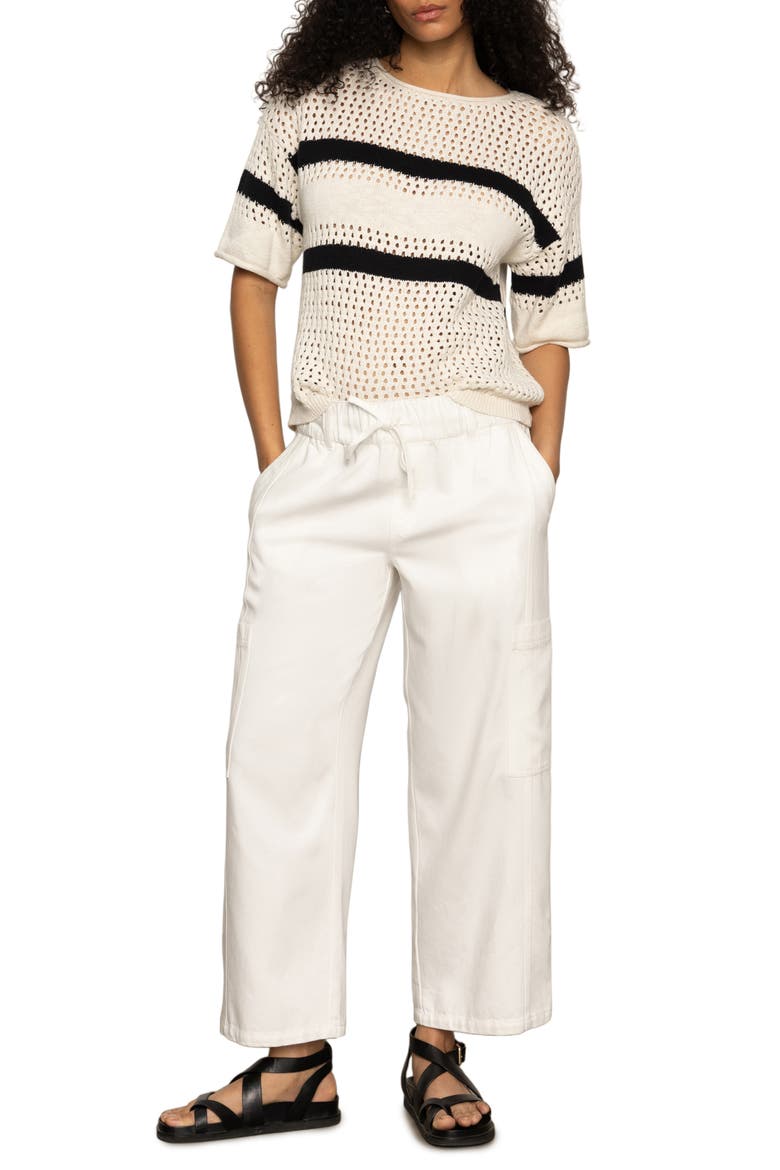 Stripe Open Stitch Elbow Sleeve Cotton Sweater, Alternate, color, BLACK/ CHALK STRIPE