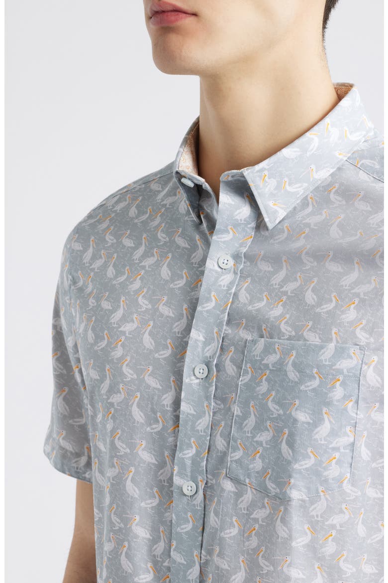 Pelican Print Short Sleeve Button Down Shirt, Alternate, color, GRAY