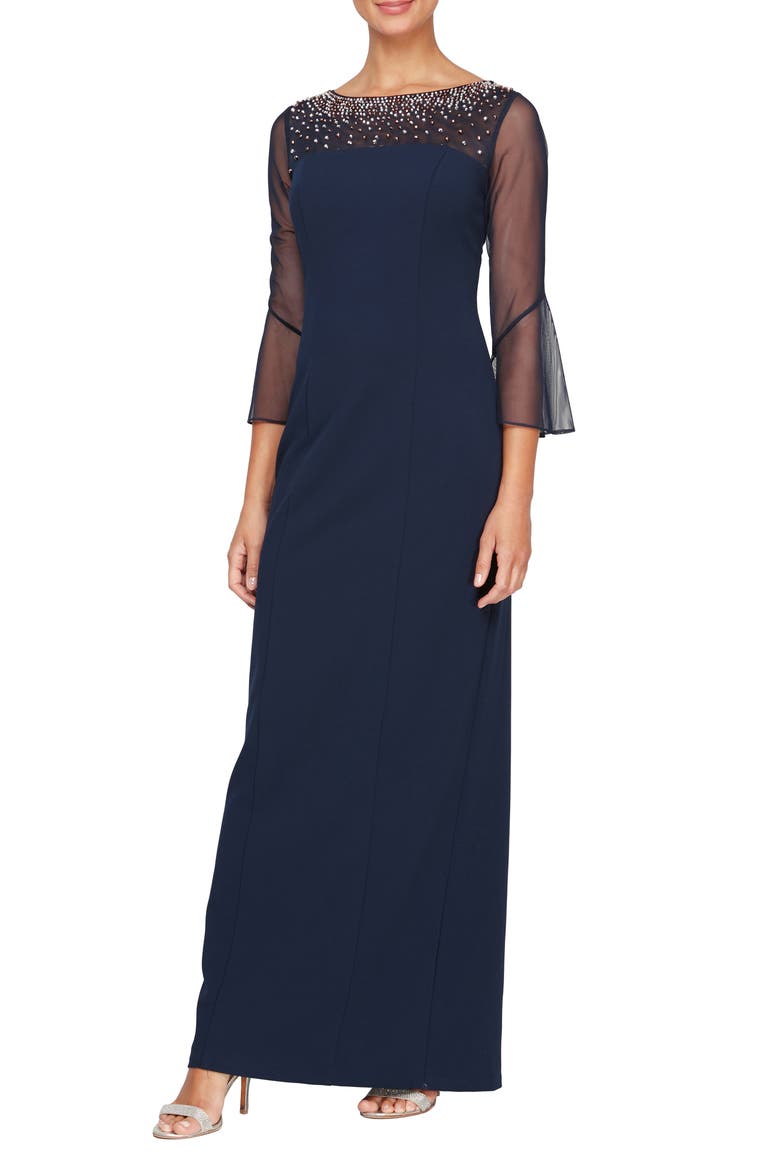 Rhinestone Yoke Column Gown, Main, color, NAVY/ SILVER