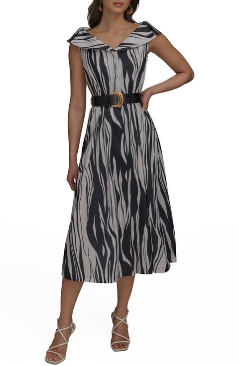 Zebra Print Notched Lapel Belted Midi Dress