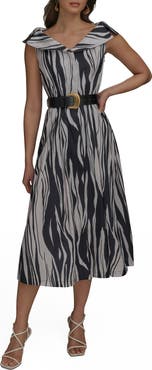 Donna Karan New York Zebra Print Notched Lapel Belted Midi Dress