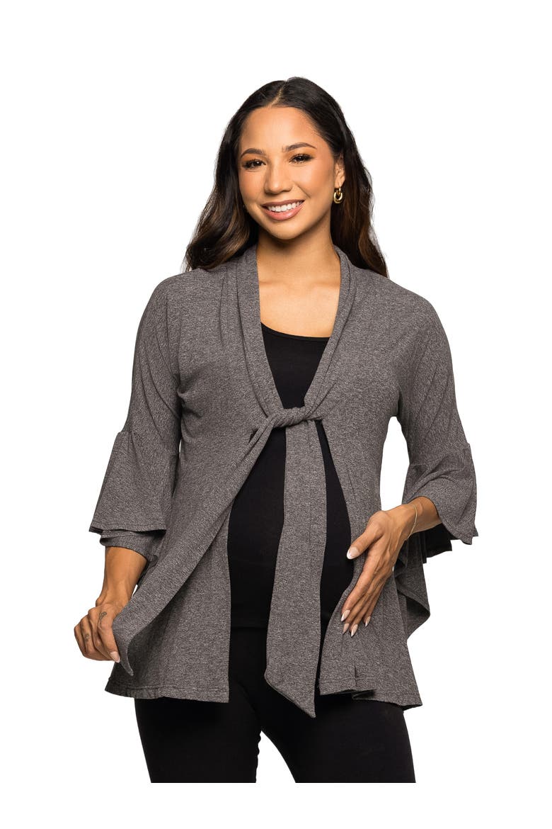 Tie Front Bell Sleeve Cardigan, Main, color, Smoke