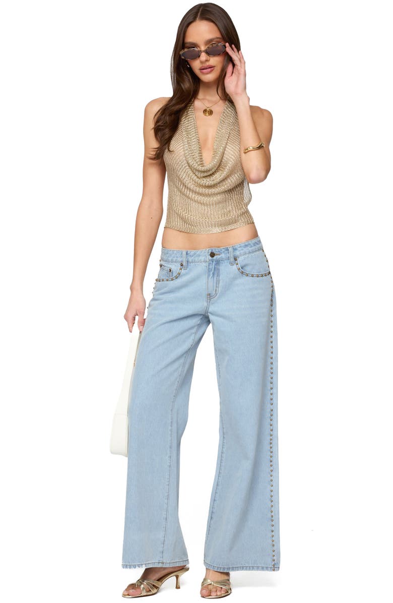 EDIKTED Shiny Rib Cowl Neck Halter Top, Alternate, color, Gold