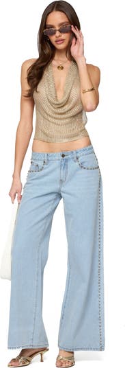 Shiny Rib Cowl Neck Halter Top