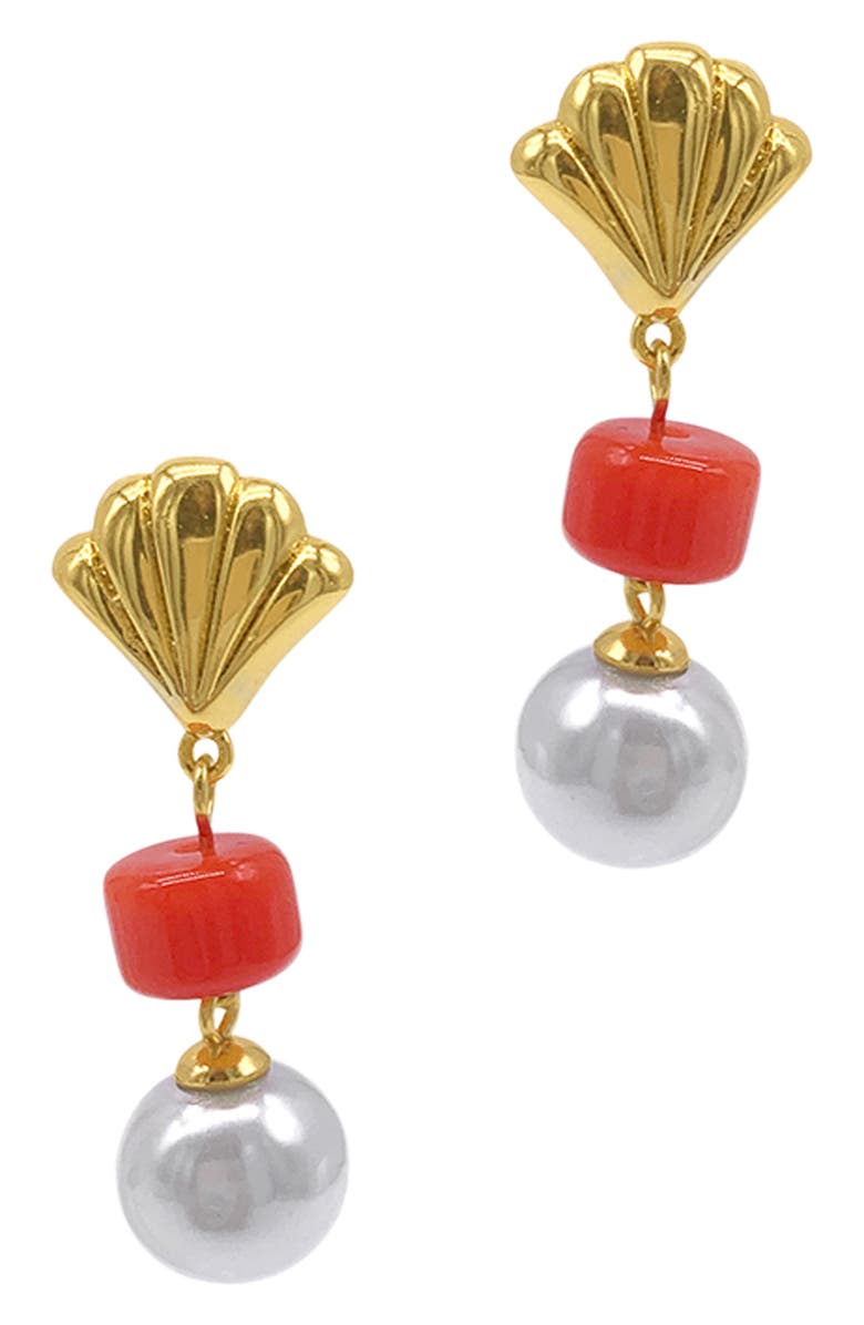 Adornia Spring 2022 14k Yellow Gold Vermeil Imitation Pearl and Shell Drop Earrings, Main, color, White