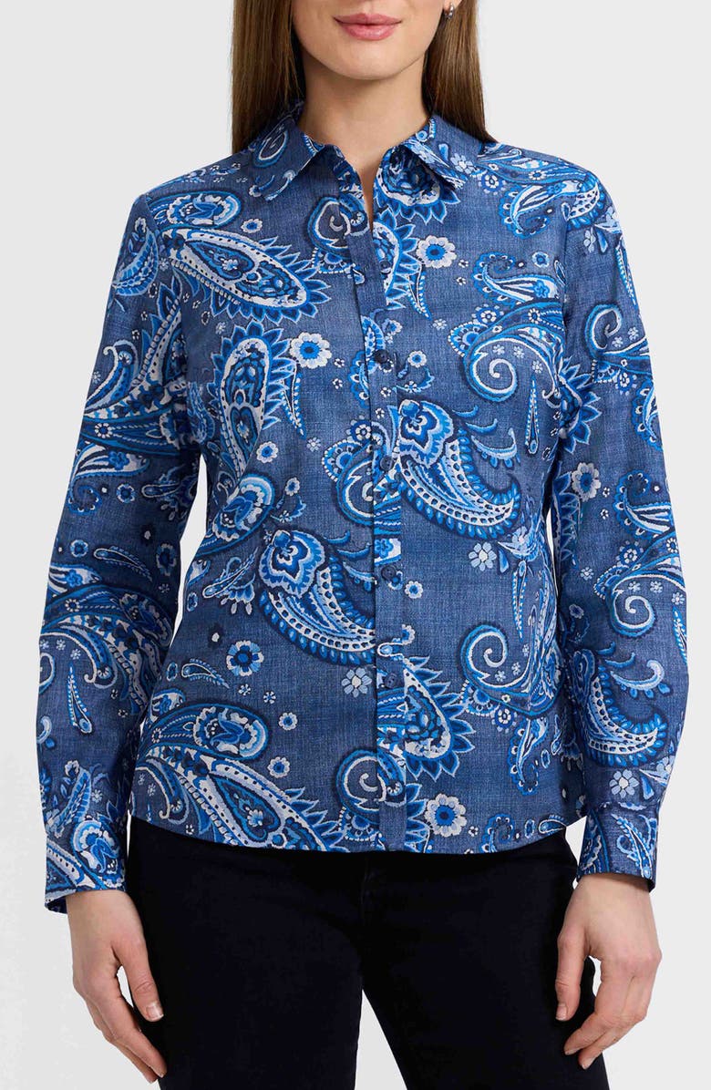 Foxcroft Hampton Paisley Print Cotton Poplin Button-Up Shirt, Main, color, Blue/ Multi