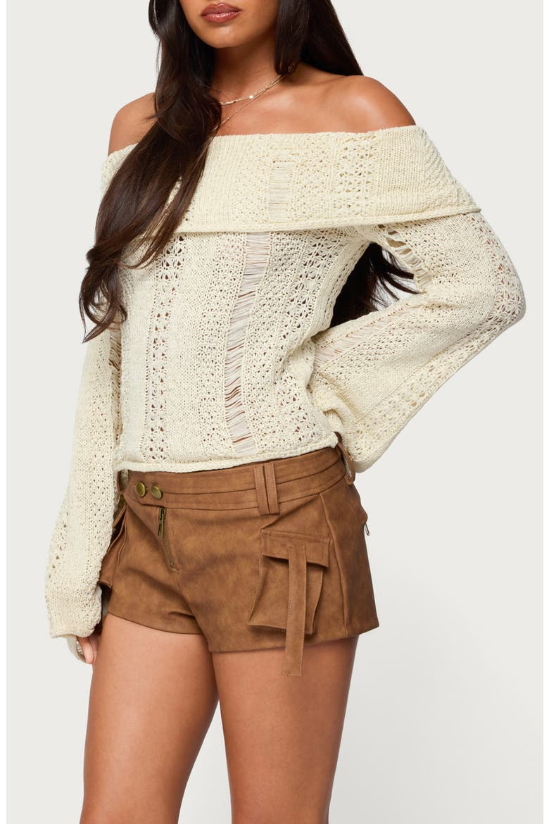 Distressed Foldover Off the Shoulder Sweater, Alternate, color, CREAM
