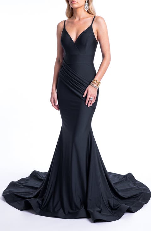 Ruched Plunge Neck Mermaid Evening Gown