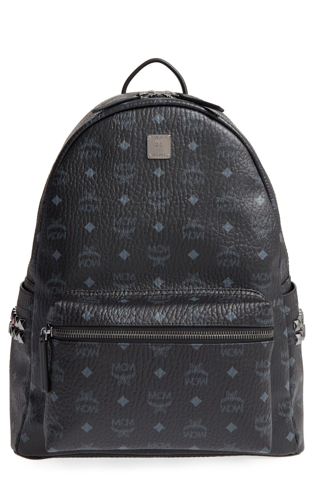 MCM Medium Stark Visetos Studded Backpack, Main, color, Black