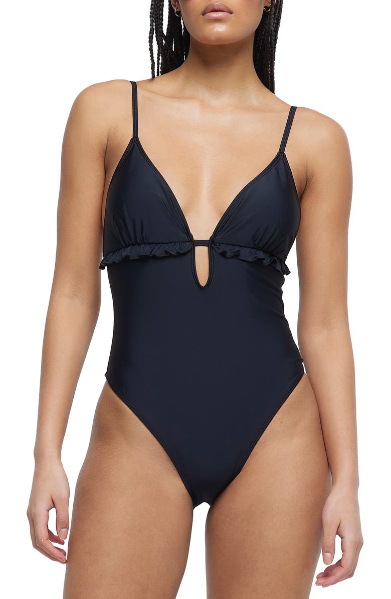 River Island Frill Plunge One-Piece Swimsuit, Main, color, 
