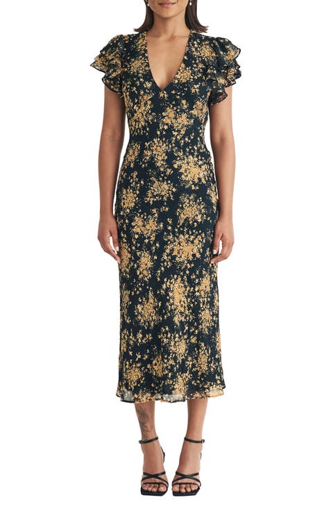Layla Floral Flutter Sleeve Midi Dress