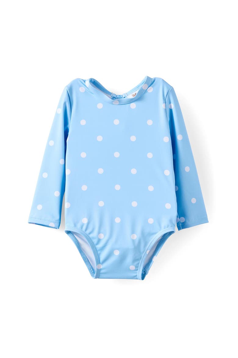 Baby Long Sleeve Keyhole Back Swimsuit, Main, color, Dawn Blue Spots