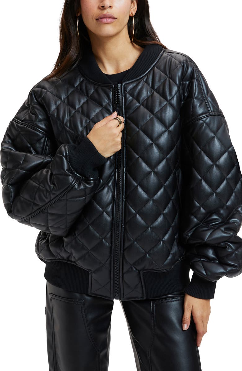 Good American Better Than Leather Faux Leather Quilted Bomber Jacket, Main, color,