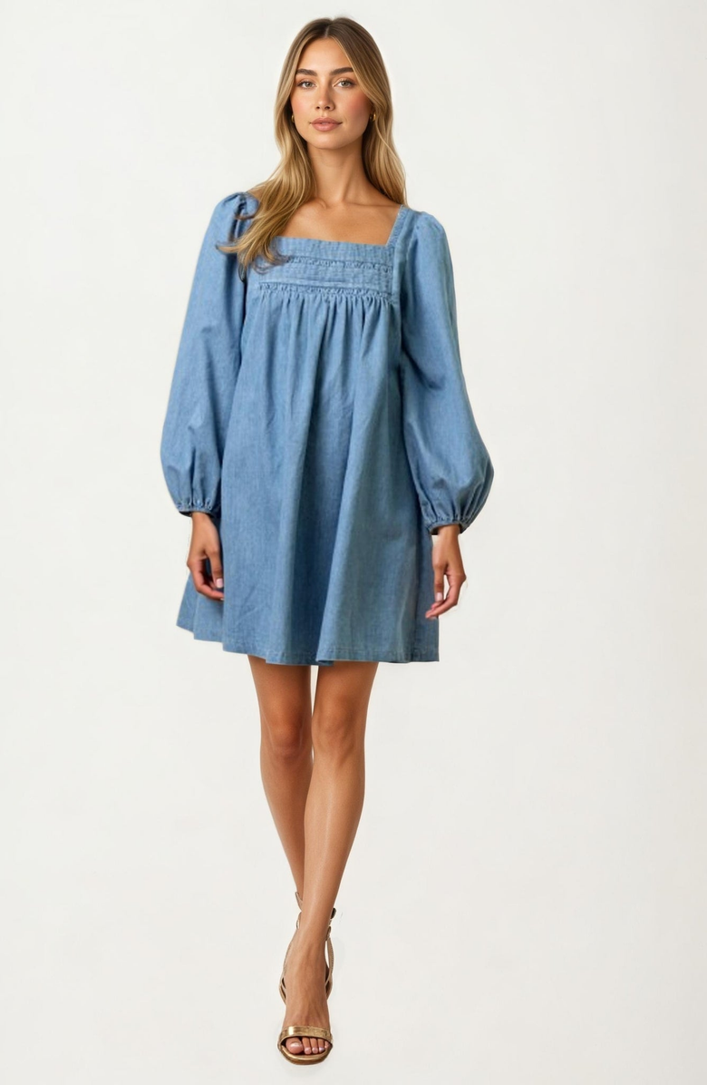 Knit and Lounge Square Neck Denim Mini Dress, Main, color, 