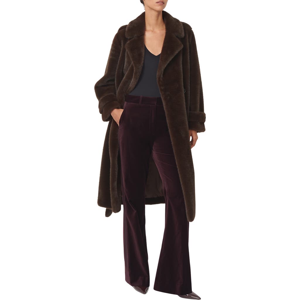Reiss Womens Chocolate Brown Cate Belted-waist Faux-fur Coat In Brown
