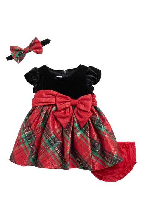 Plaid Velvet Dress, Headband & Diaper Cover Set