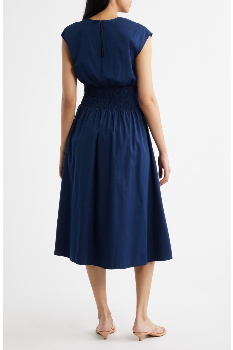 Smock Waist V-Neck Cotton Midi Dress, Alternate, color, TIMELESS NAVY