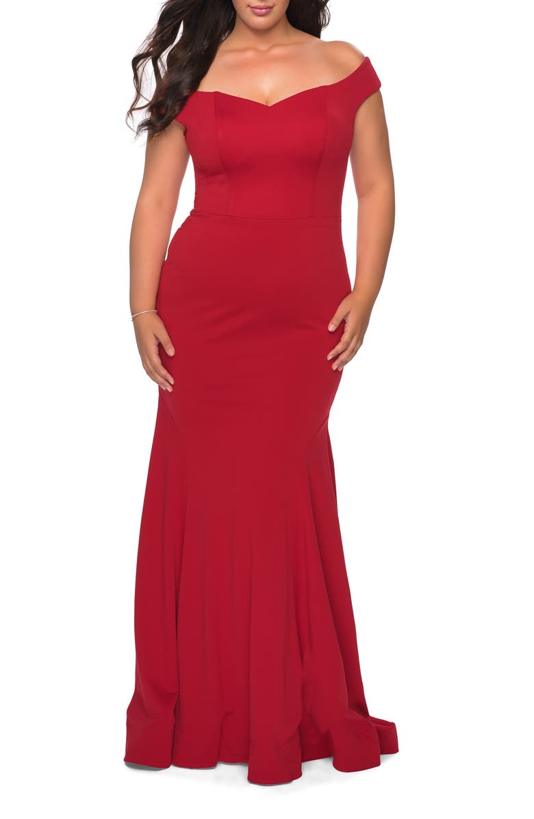 La Femme Off the Shoulder Plus Size Jersey Dress, Main, color, Red