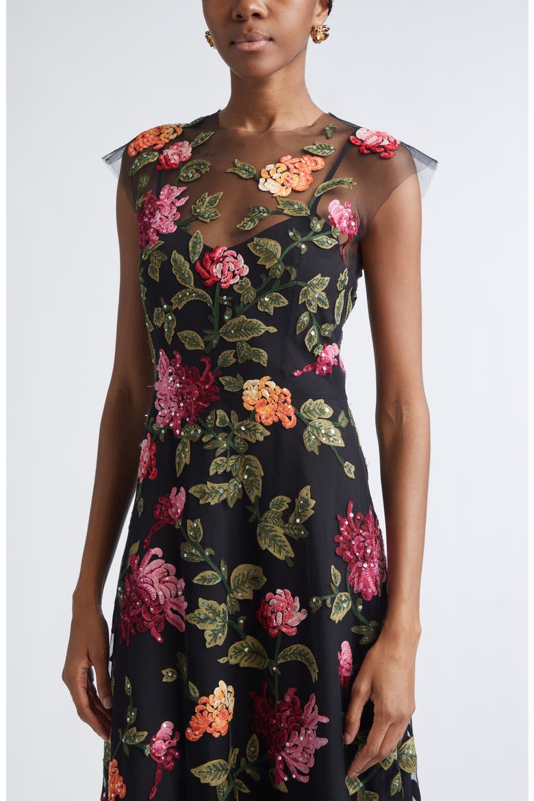 Chrysanthemum Embroidered Tulle Overlay Midi Dress, Alternate, color, BLACK MULTI