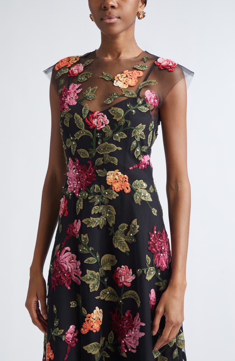 Carolina Herrera Chrysanthemum Embroidered Tulle Overlay Midi Dress, Alternate, color, Black Multi