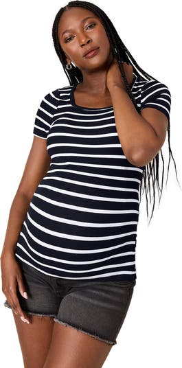 売れ筋商品|||マザーフッドマタニティ カットソー トップス レディース Maternity Square Neck Rib Knit Short Sleeve Top - Motherhood Black & white stripe Long Sleeve Rib Knit Square Neck Tee