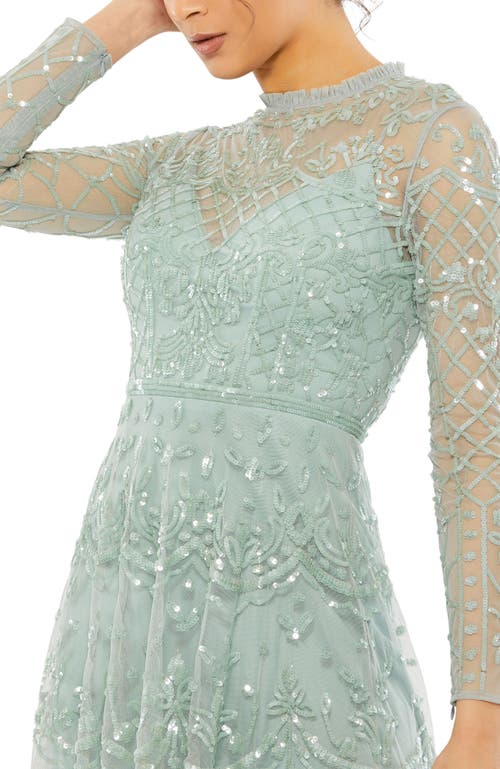 Mac Duggal Sequined Illusion High Neck Long Sleeve Midi Dress In Seafoam