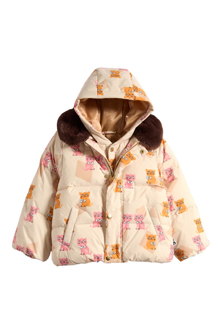 Kids' Kitten Print Faux Fur Collar Puffer Jacket, Alternate, color, NO COLOR