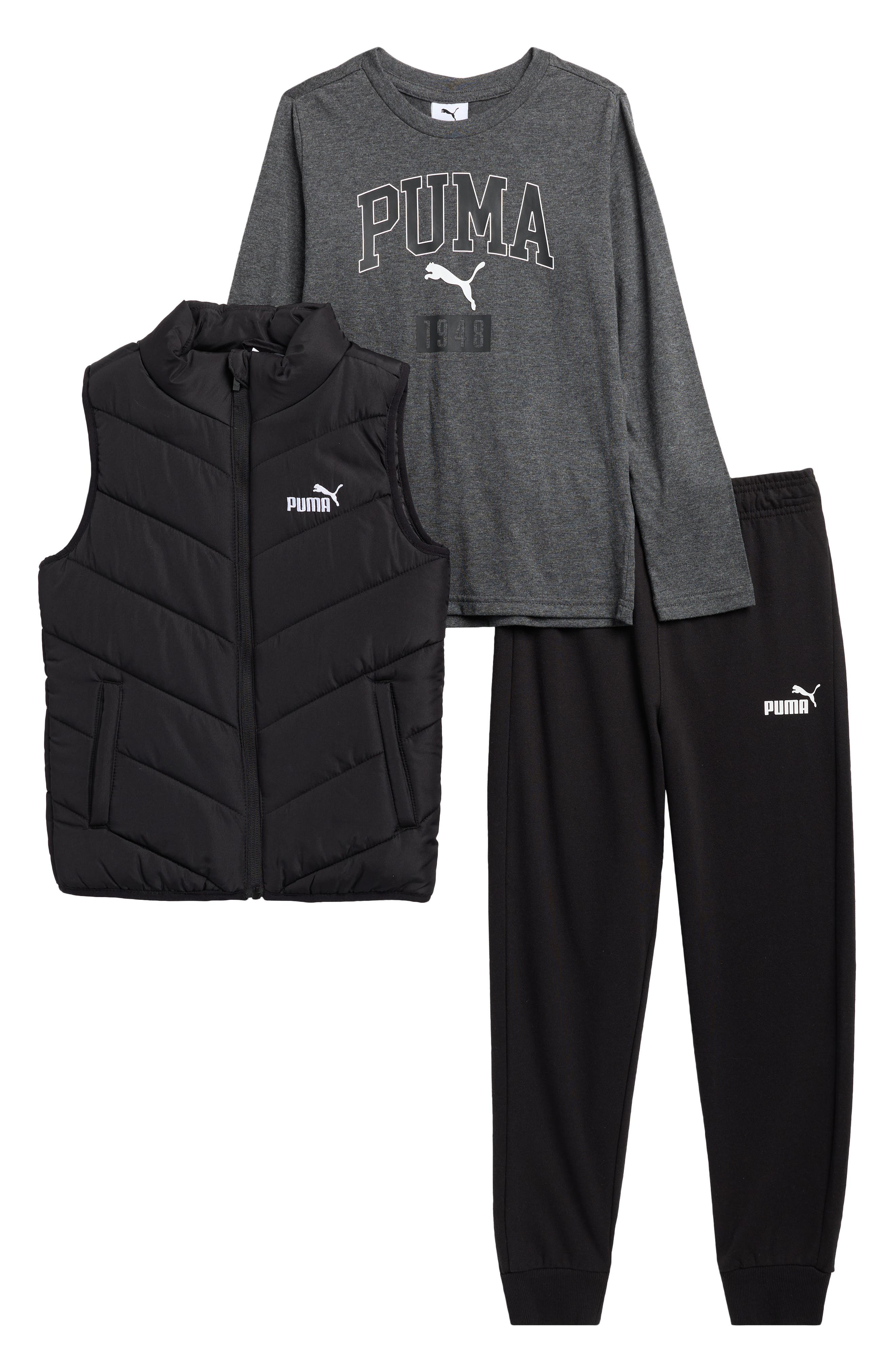PUMA Kids' Puffer Vest, Logo Long Sleeve T-Shirt & Joggers Set