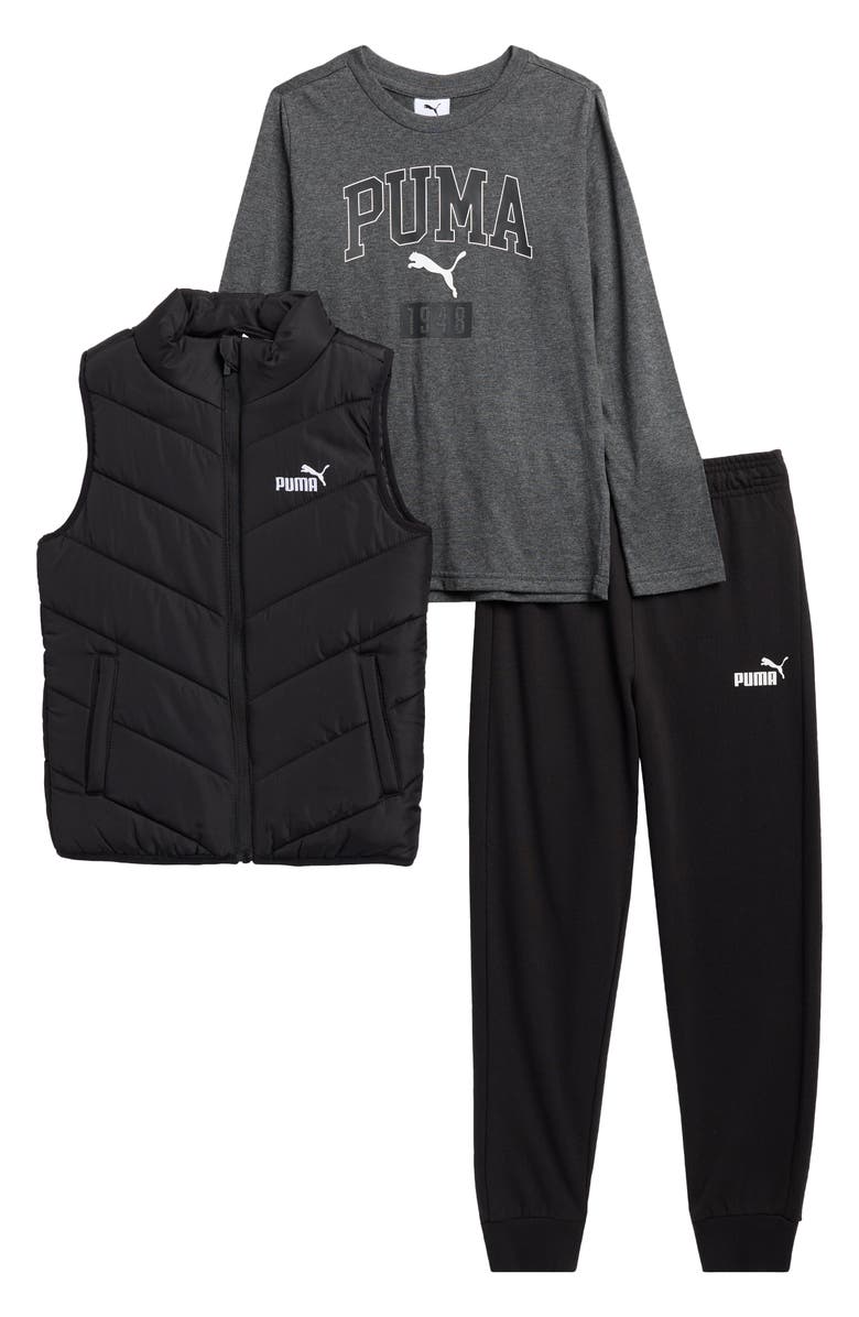 PUMA Kids' Puffer Vest, Logo Long Sleeve T-Shirt & Joggers Set, Main, color, Black