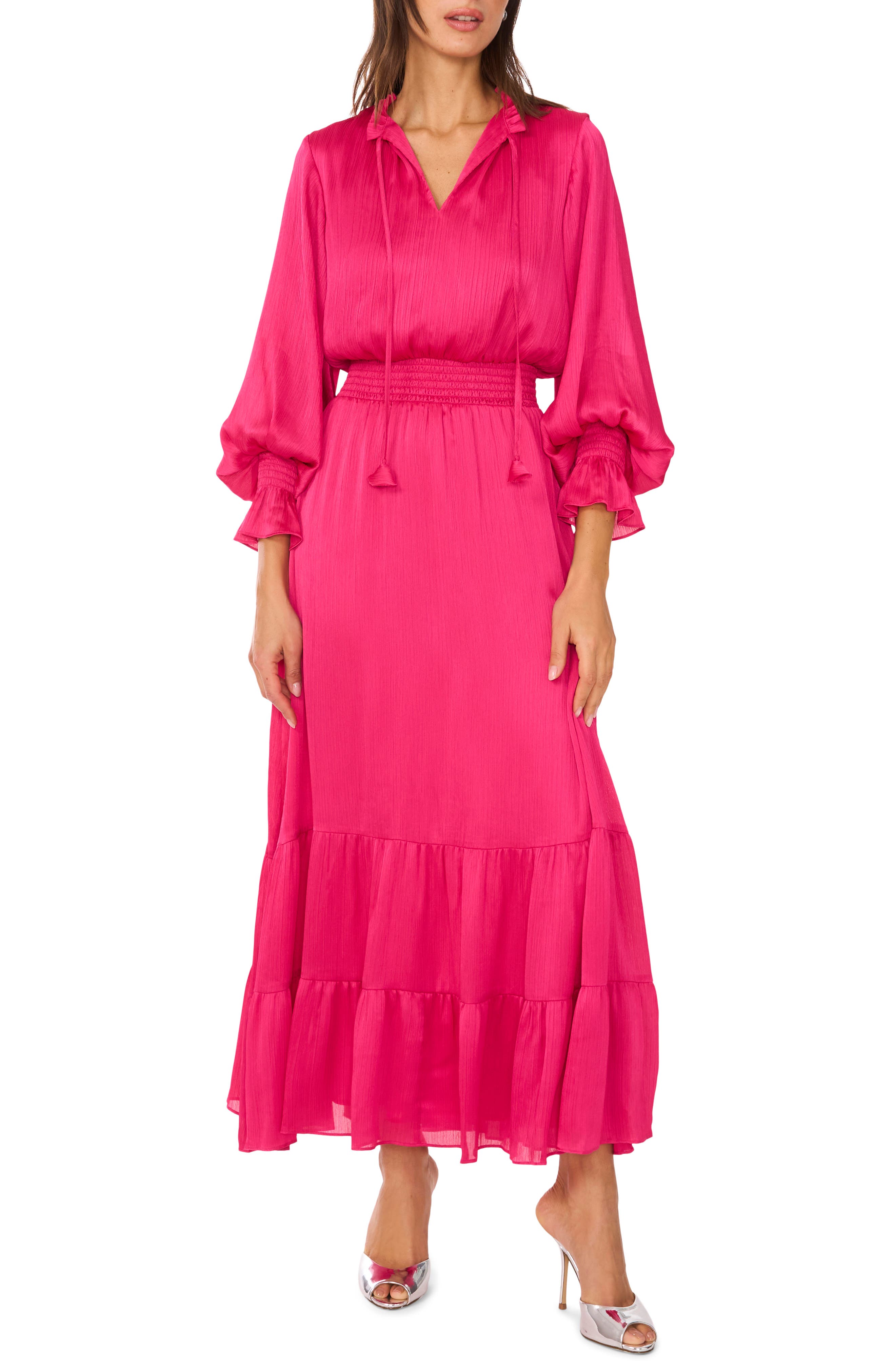 Vince Camuto Crinkle Metallic Long Sleeve Tiered Maxi Dress in Beetroot Pink 