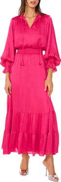 Vince Camuto Crinkle Metallic Long Sleeve Tiered Maxi Dress