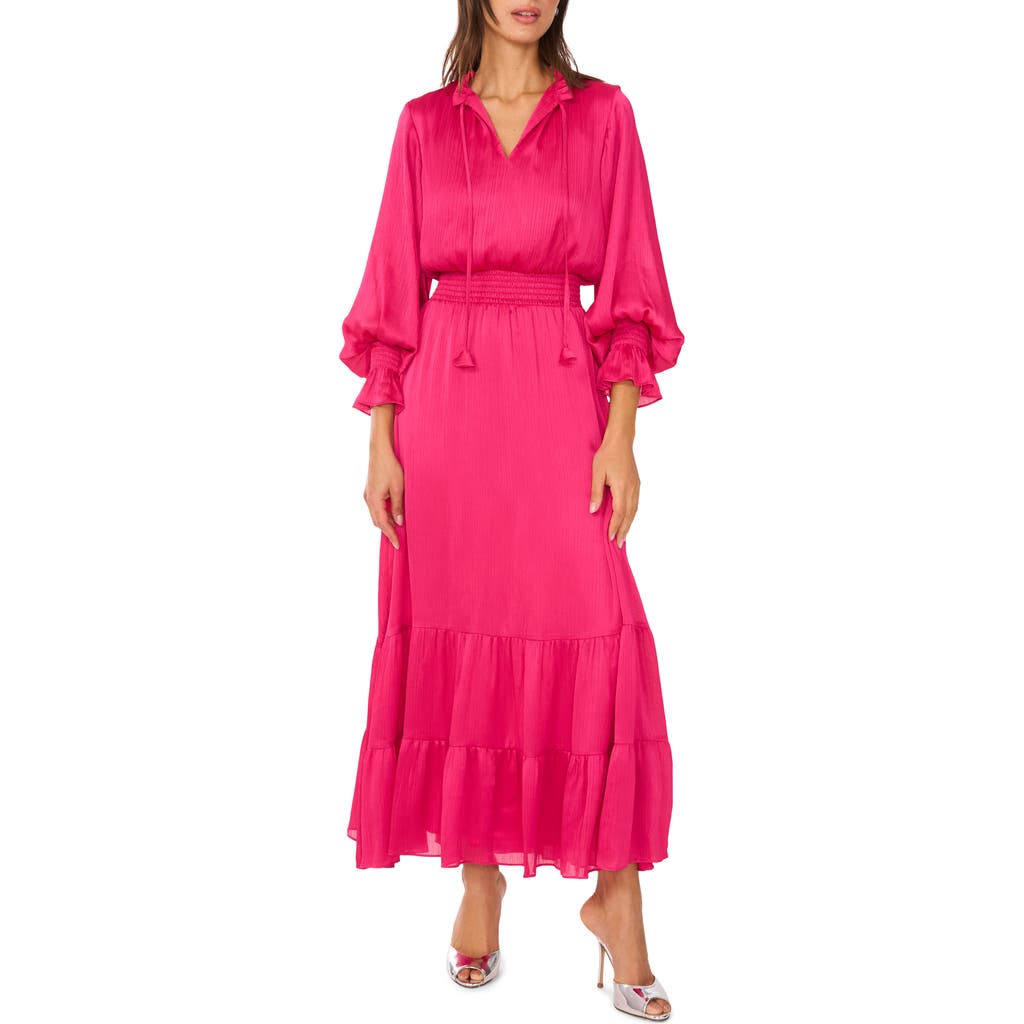 Vince Camuto Crinkle Metallic Long Sleeve Tiered Maxi Dress in Beetroot Pink
