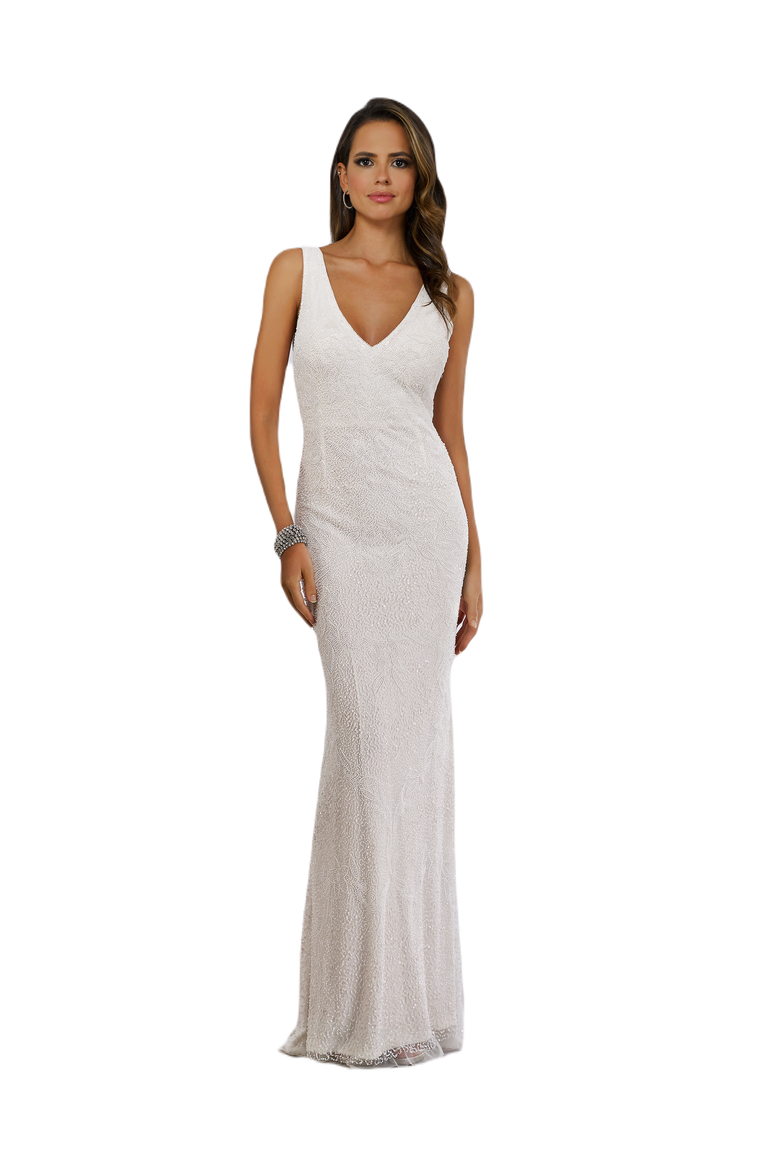 Erika Beaded Draped Cowl Back V-Neck Wedding Dress, Main, color, Ivory