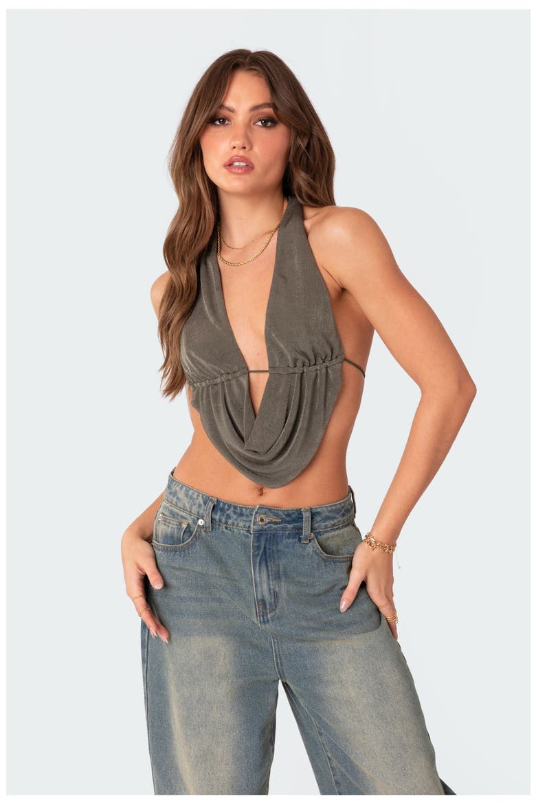 Plunge Cowl Halter Neck Open Back Crop Top, Alternate, color, OLIVE