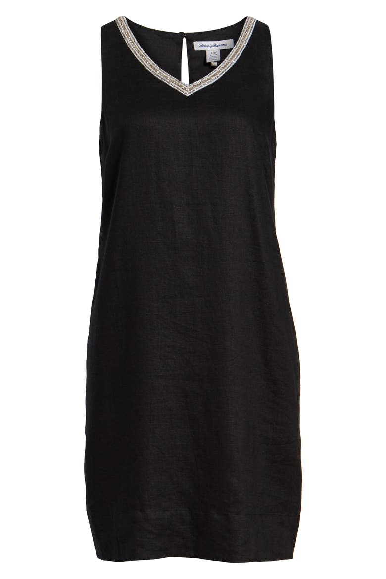 Linen Embellished Shift Dress, Alternate, color, BLACK