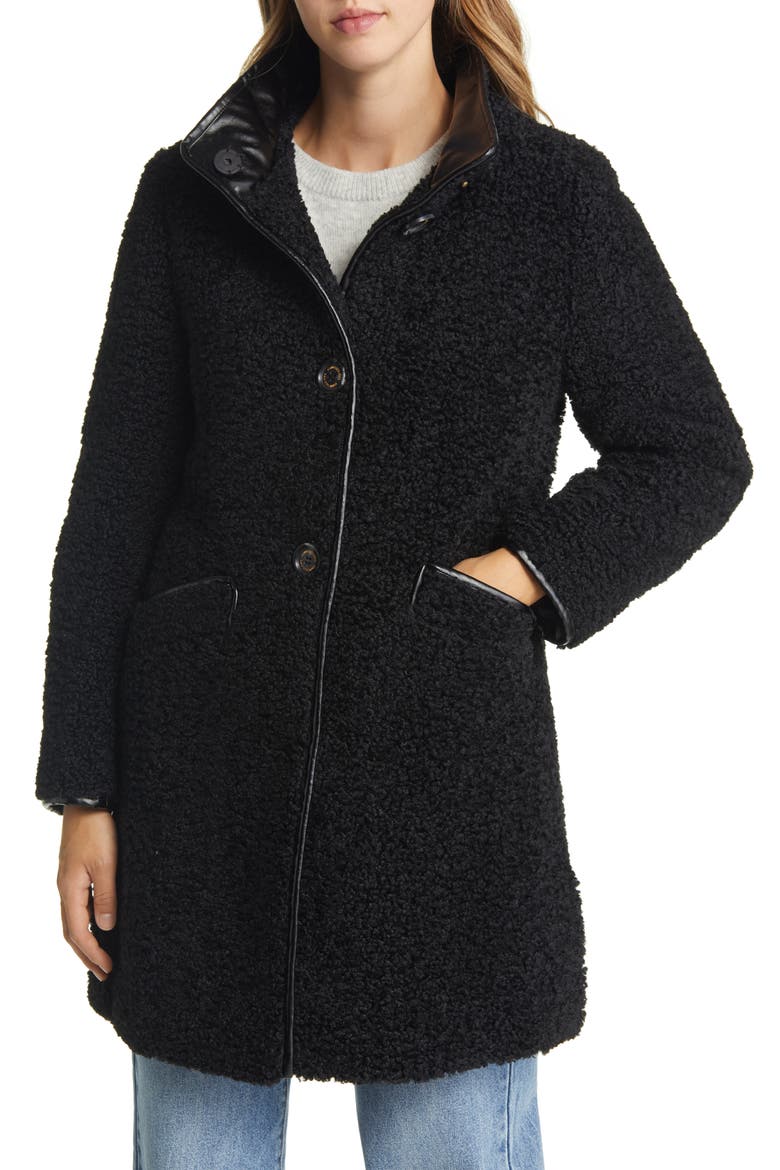 Stand Collar Faux Shearling Coat, Alternate, color, BLACK