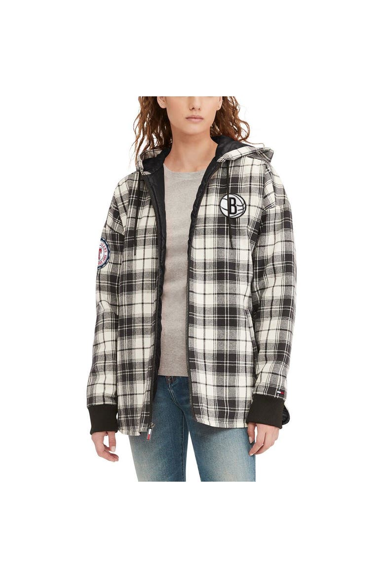 Women's Tommy Jeans Black/Cream Brooklyn Nets Molly Flannel Full-Zip Hoodie, Main, color, Black