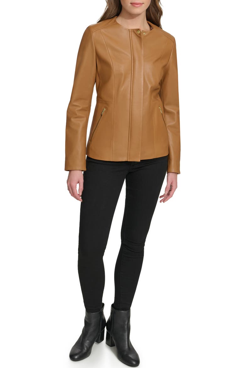 Collarless Leather Jacket, Alternate, color, HAZELNUT