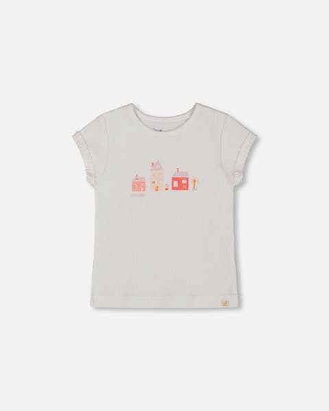 Little Girl's Flat Back Rib Top With Print White And Pink House