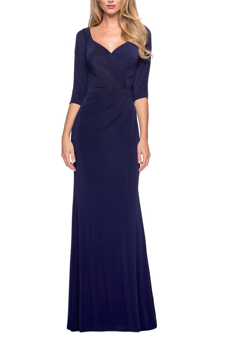 3/4 Sleeve Long Jersey Dress with Sweetheart Neckline, Main, color, Navy